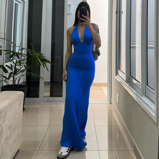 Women Clothing Summer Solid Color Sleeveless Sexy V neck Halter Strap Backless Dress