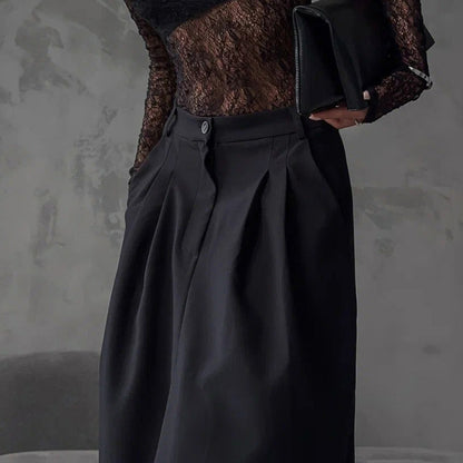 Women Clothing Elegant High Sense Slit Black Half Length Dress Fashionable All Match Pleated A line Skirt