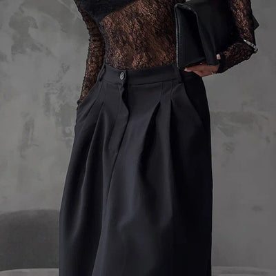 Women Clothing Elegant High Sense Slit Black Half Length Dress Fashionable All Match Pleated A line Skirt