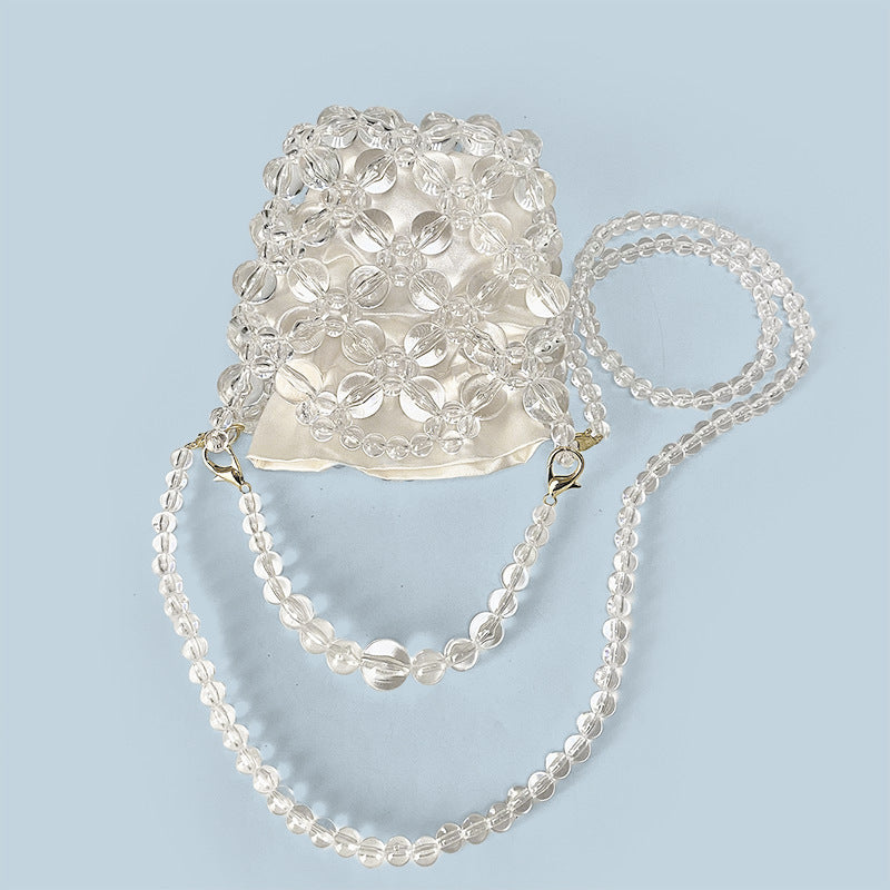 Transparent Irregular Asymmetric Hand Woven Acrylic Crystal String Beads Cocktail Mobile Phone Bag Cross Body Bucket Pouch - GLAMWEARS