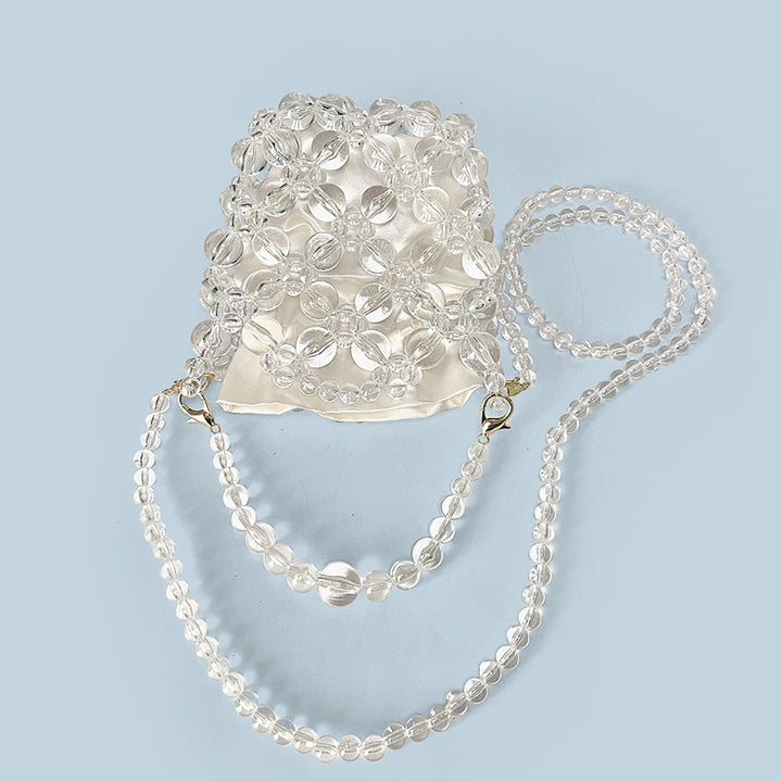 Transparent Irregular Asymmetric Hand Woven Acrylic Crystal String Beads Cocktail Mobile Phone Bag Cross Body Bucket Pouch - GLAMWEARS