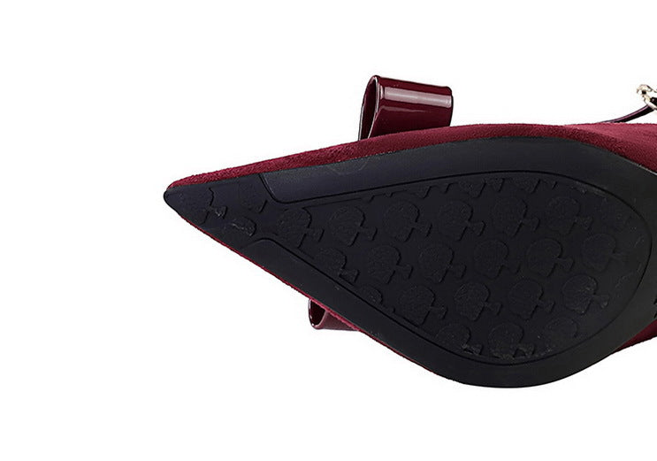 Cocktail Bow Rivet Pointed Toe High Heels Suede T Shape Buckle Sexy Women Shoes Pumps