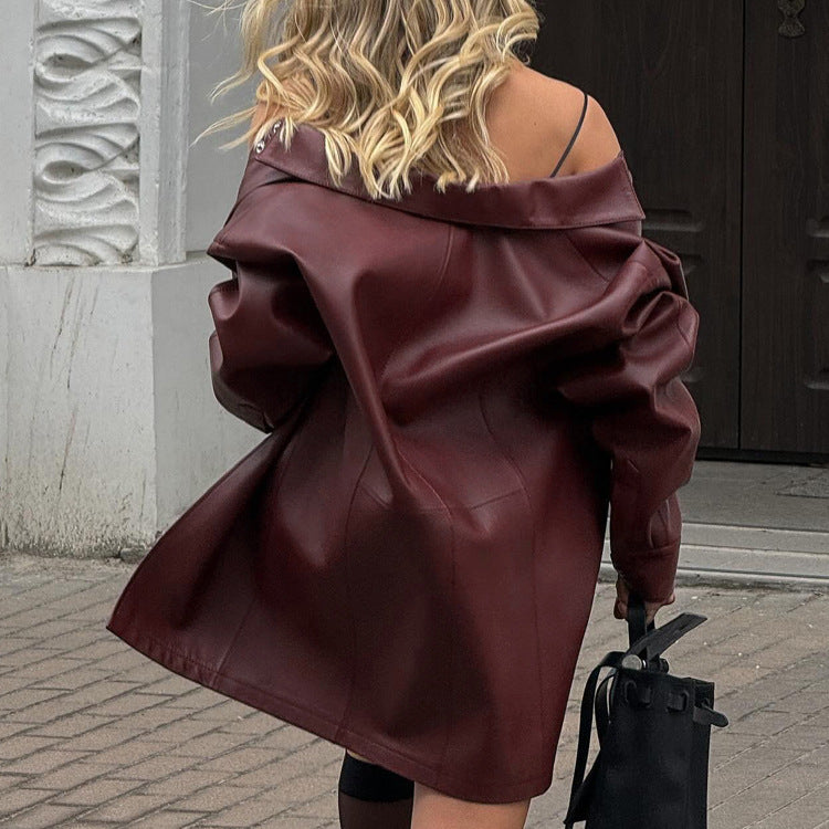 Faux Leather Vintage Dress Set Women Design Collared Long Sleeve Cardigan Short Sling Dress Two Piece Sets