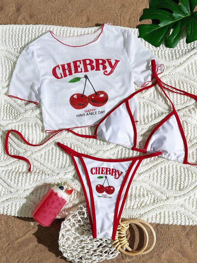 Printed Top Mesh Outerwear Split Sexy Three Piece Sets Bikini Swimsuit Women