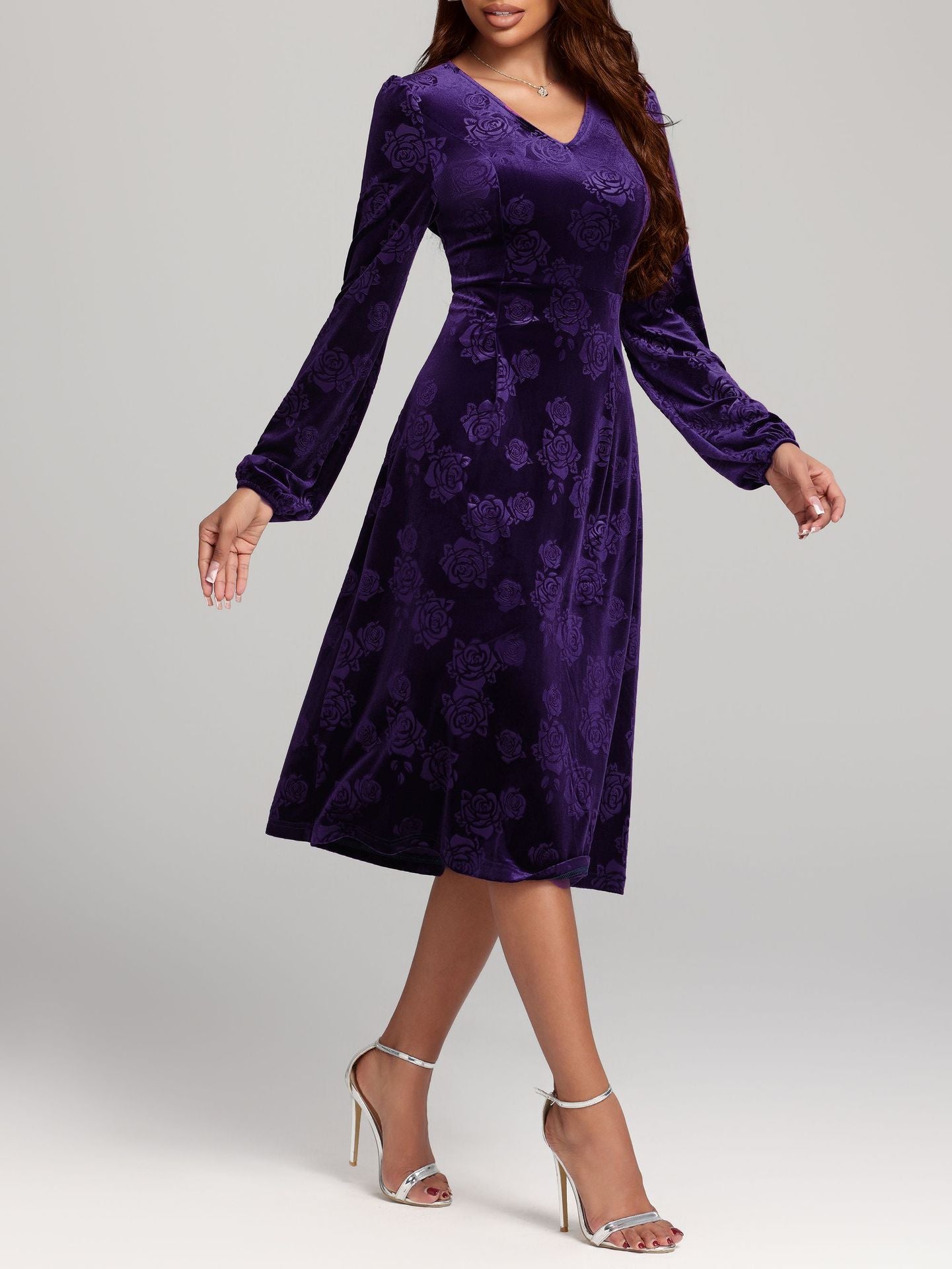 Fall Winter Sexy plus Size Mid Length Gold Velvet Embossed V neck Dress