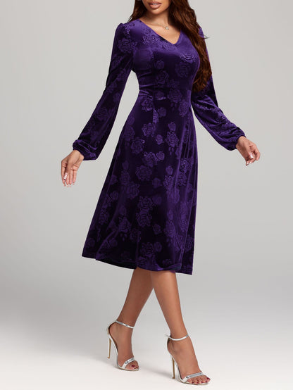 Fall Winter Sexy plus Size Mid Length Gold Velvet Embossed V neck Dress