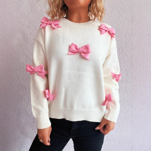 Sticky Bow Casual Sweet Knitted Top Autumn Winter round Neck Sweater Pullover