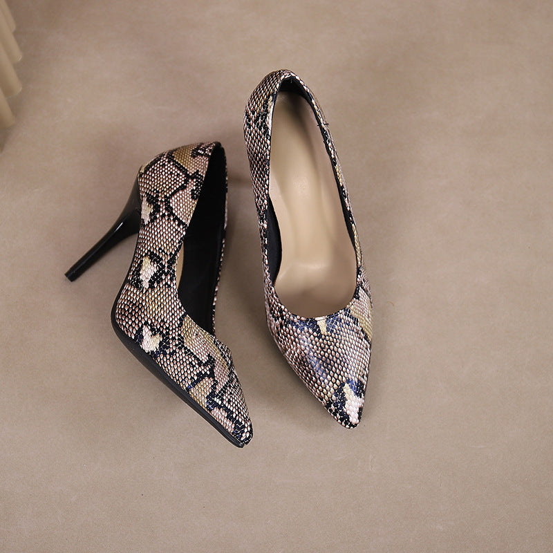 Simple High Heel Shallow Mouth Snake Pointed Toe Nightclubs Thinner High Heels Pumps French - GLAMWEARS