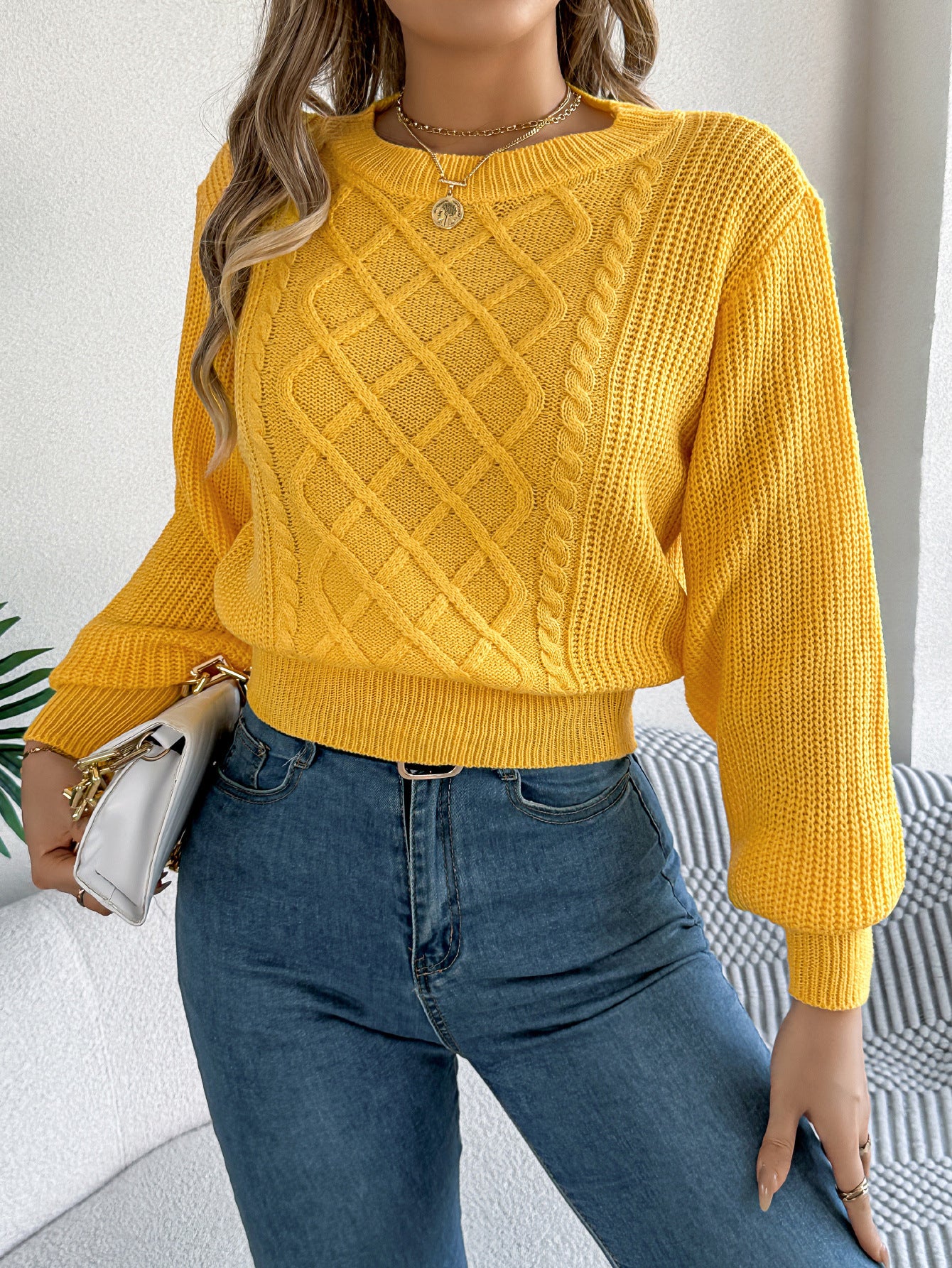 Autumn Winter Solid Color Twist Lantern Long Sleeve Waist Tight Pullover Women Clothing