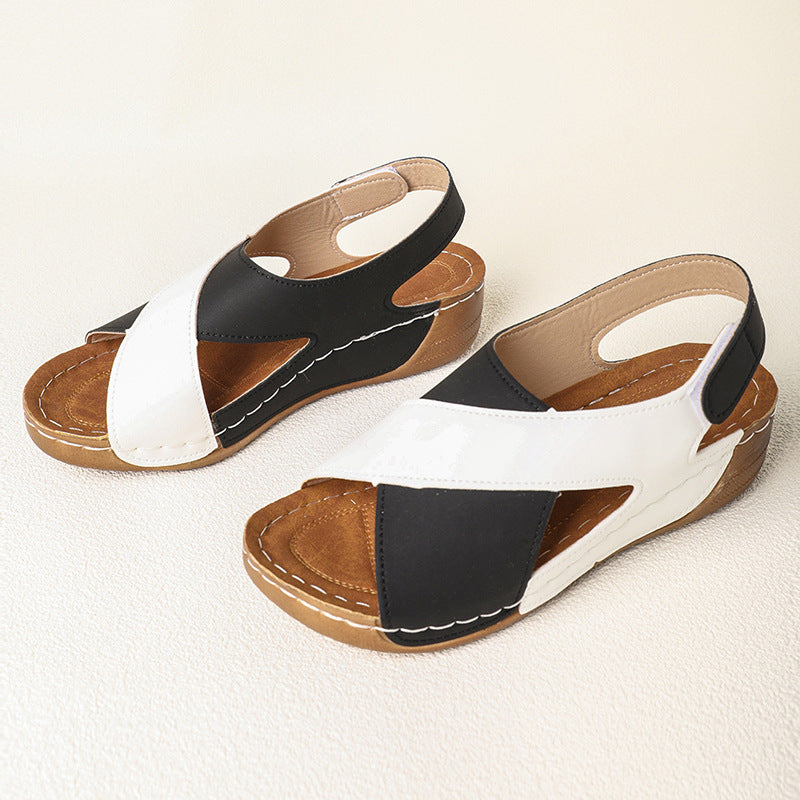 Platform Cross Wedge Sandals Women Outer Wear Contrast Color Breathable Velcro Beach Slippers