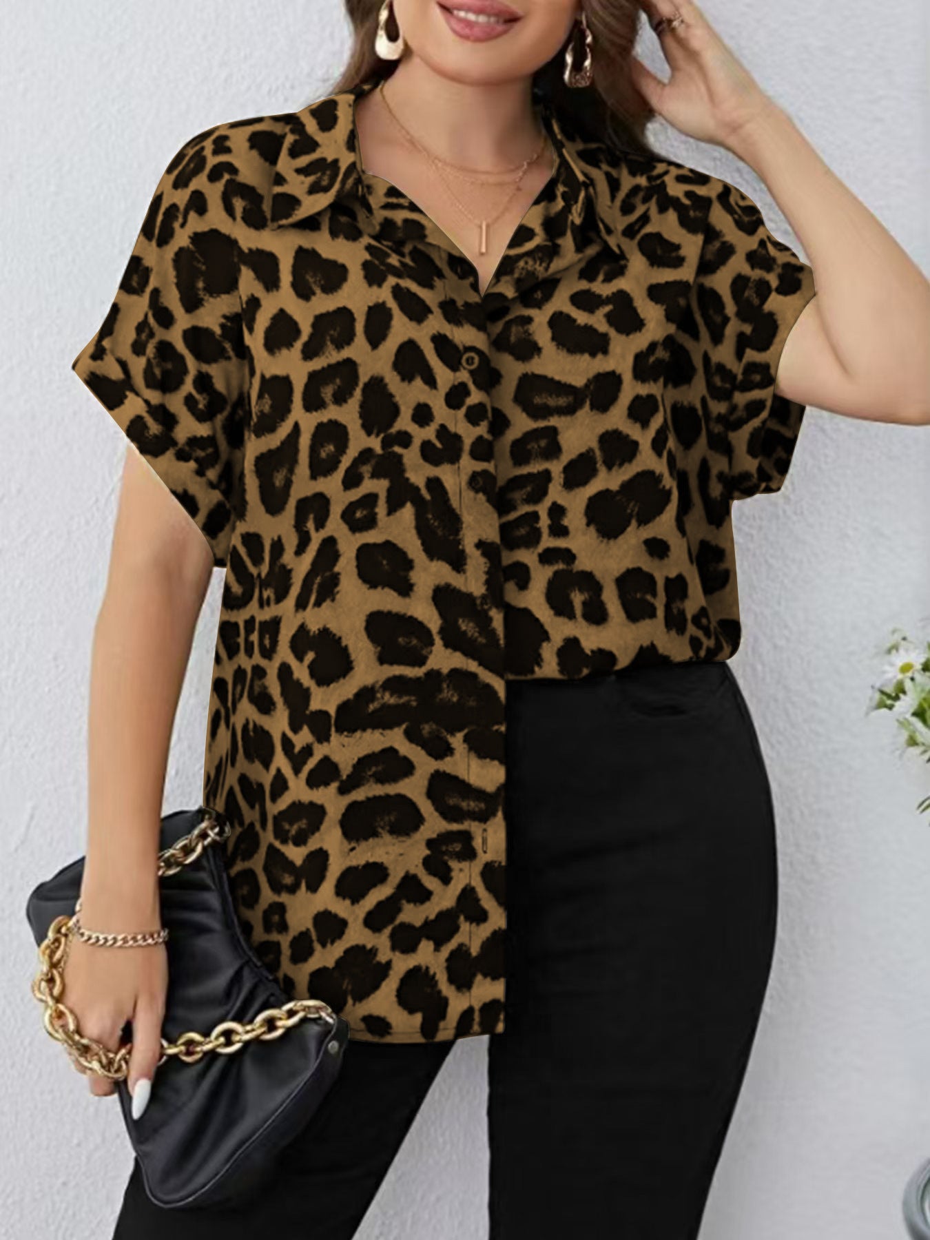 Oversized Short Sleeve Shirt Loose Casual All Matching Leopard Print Digital Printed Beach Vacation Top