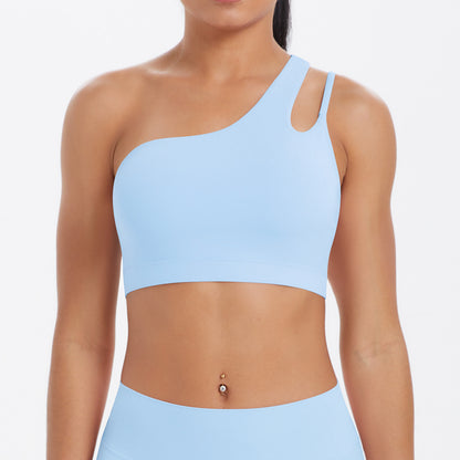 Solid Color One Shoulder Beauty Back Yoga Bra Nude Feel Push up Sports Bra Irregular Asymmetric Shoulder Strap Sports Vest for Women