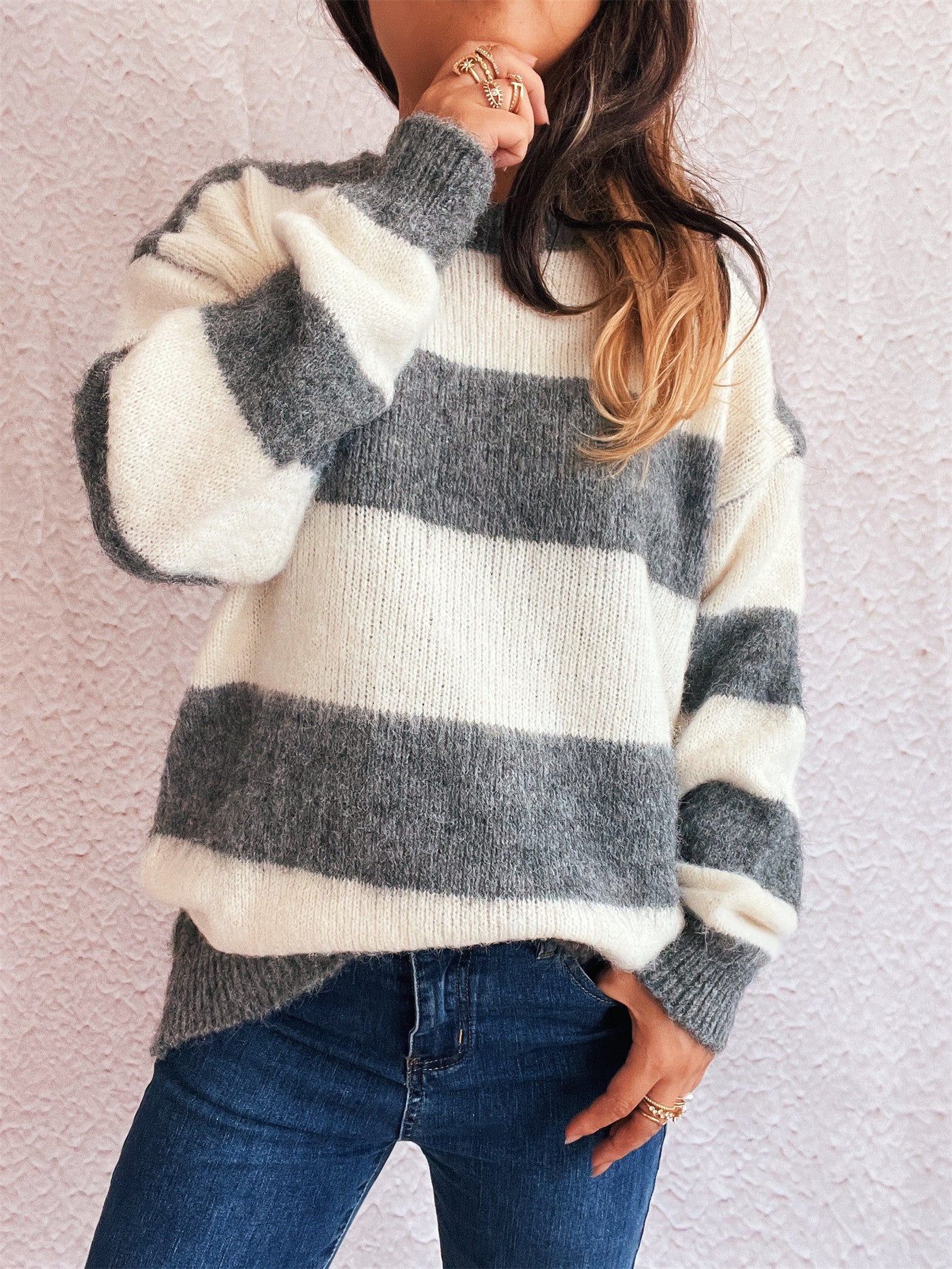 Autumn Winter Striped Color Matching Knitted Top round Neck Chic Casual Loose Sweater Pullover