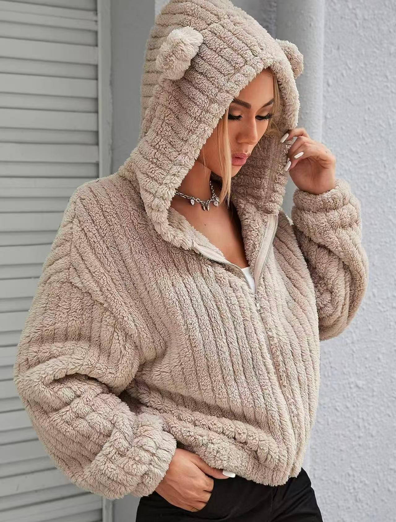 Popular Solid Color Double-Sided Plush Zipper Cardigan Decoration Ears Casual Autumn Winter Plush Coat