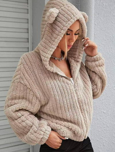 Popular Solid Color Double-Sided Plush Zipper Cardigan Decoration Ears Casual Autumn Winter Plush Coat