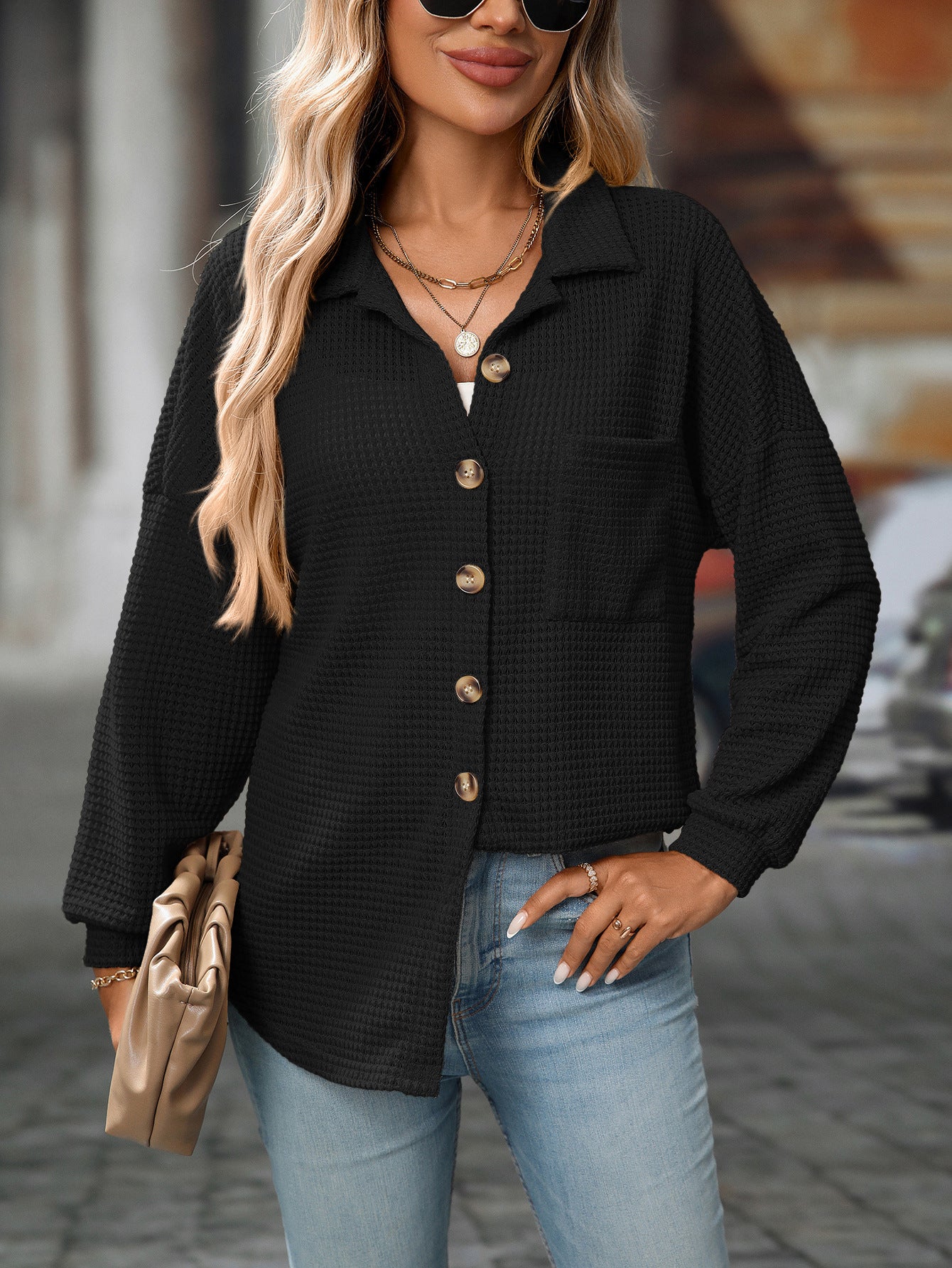 Women Autumn Winter Loose Waffle Casual Office All Matching Shirt