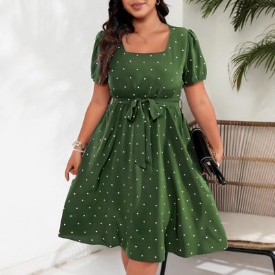 Plus Size Women Elegant Retro Dots Waist Controlled Lace up Square Collar Large Swing Dress