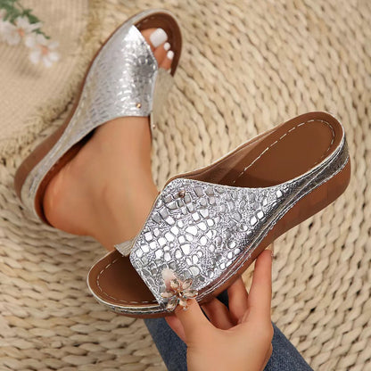 Thick Bottom Peep Toe Slippers Women Stone Pattern Wedge Beach Slippers