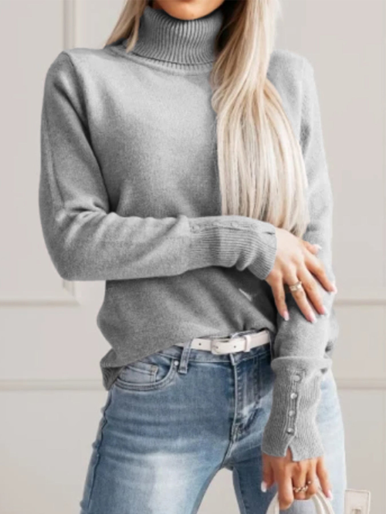 Women Elegant Fall Winter Lapels Knitwear Solid Color Buttons Pullover Sweater Top