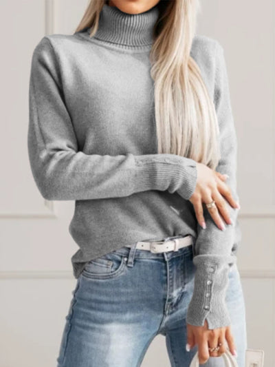 Women Elegant Fall Winter Lapels Knitwear Solid Color Buttons Pullover Sweater Top
