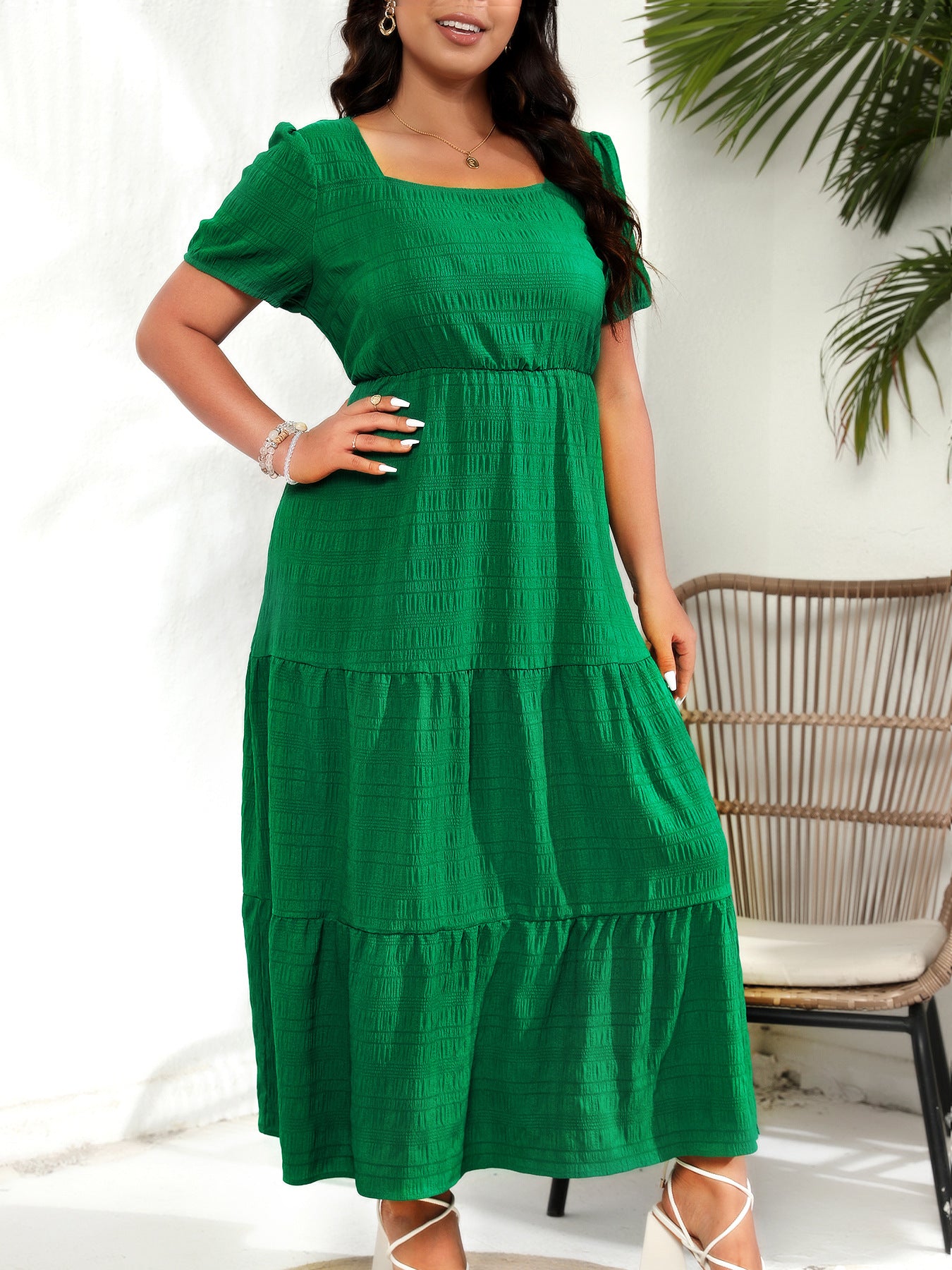 Women Bubble Sleeve Square Collar Back Pleating Short Sleeve Pocket Dress