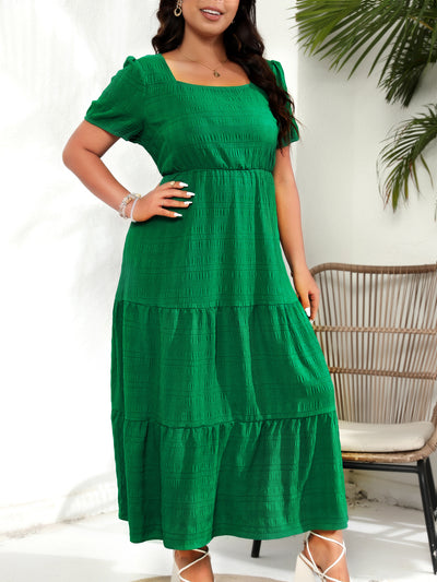 Women Bubble Sleeve Square Collar Back Pleating Short Sleeve Pocket Dress