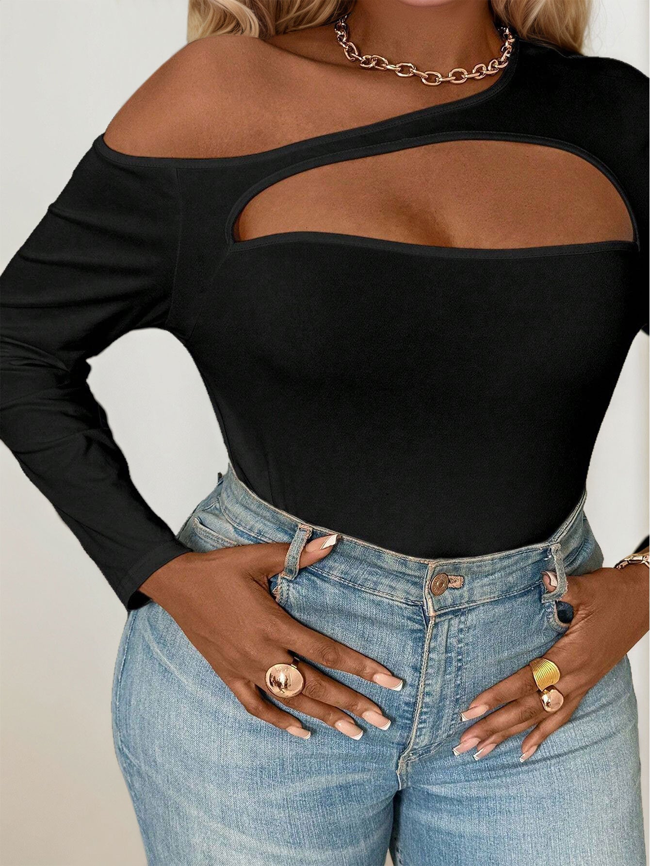 Plus Size Women Clothes Street Sexy Diagonal Collar T shirt Autumn Winter off the Shoulder Design Long Sleeve Top