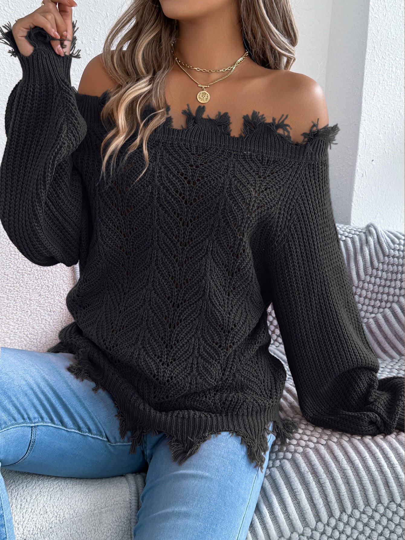 Autumn Winter Solid Color Hollow Out Cutout out Long Sleeve Cut off Shoulder Pullover Sweater Women Clothing