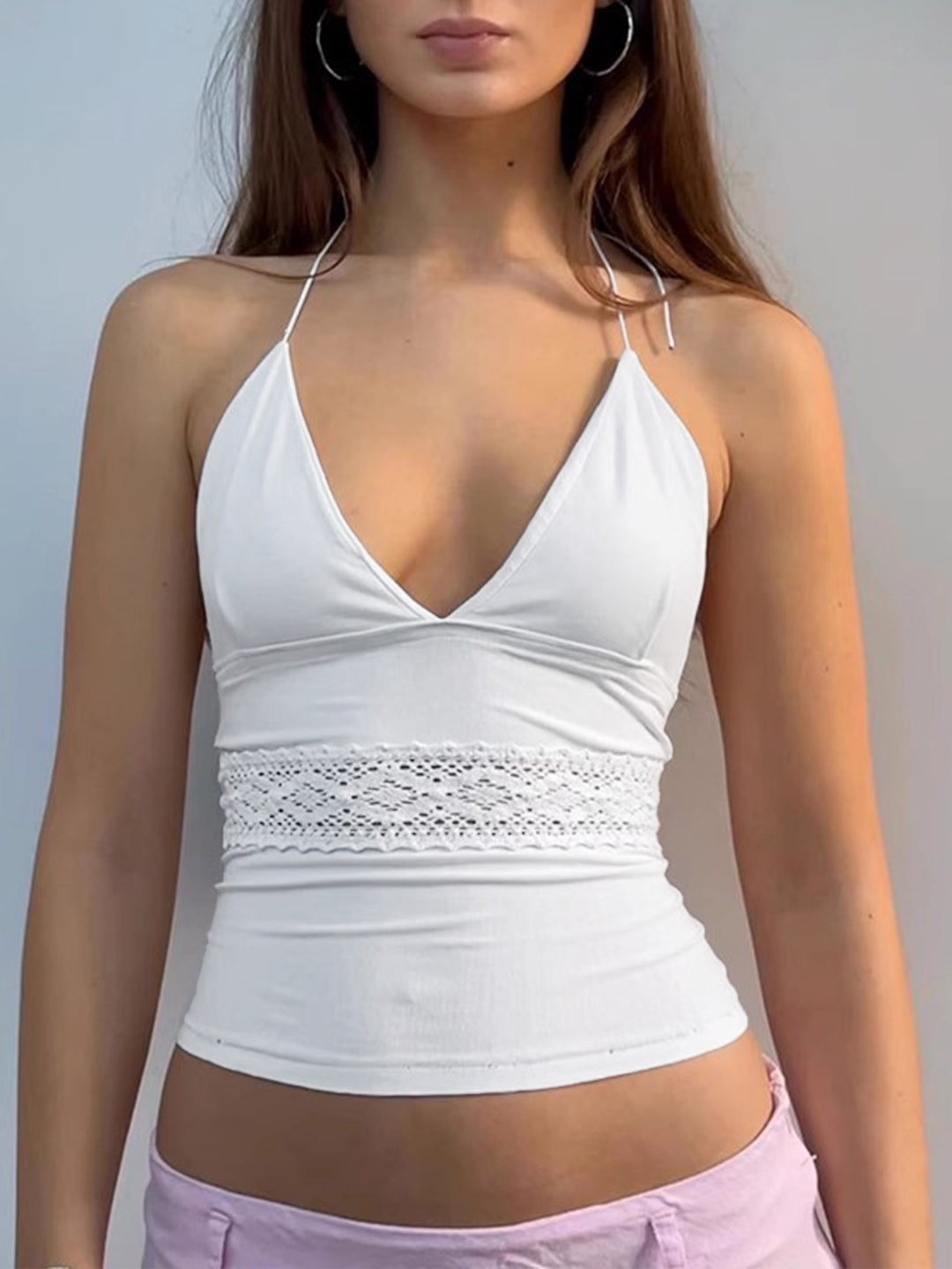 Spring Summer Sexy Sexy Lace Stitching Hollow Out Cutout out Halter Strap Top - GLAMWEARS