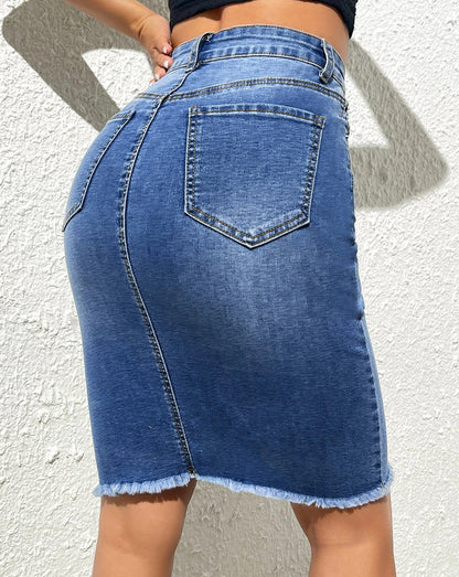Elastic High Waist Frayed Skirt Denim Package Hip Skirt