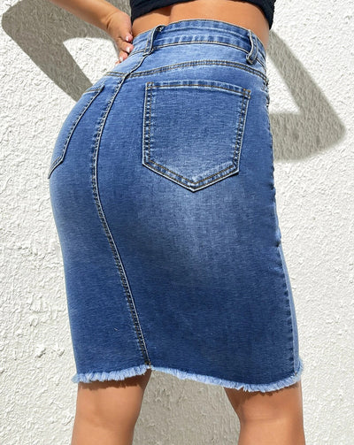 Elastic High Waist Frayed Skirt Denim Package Hip Skirt