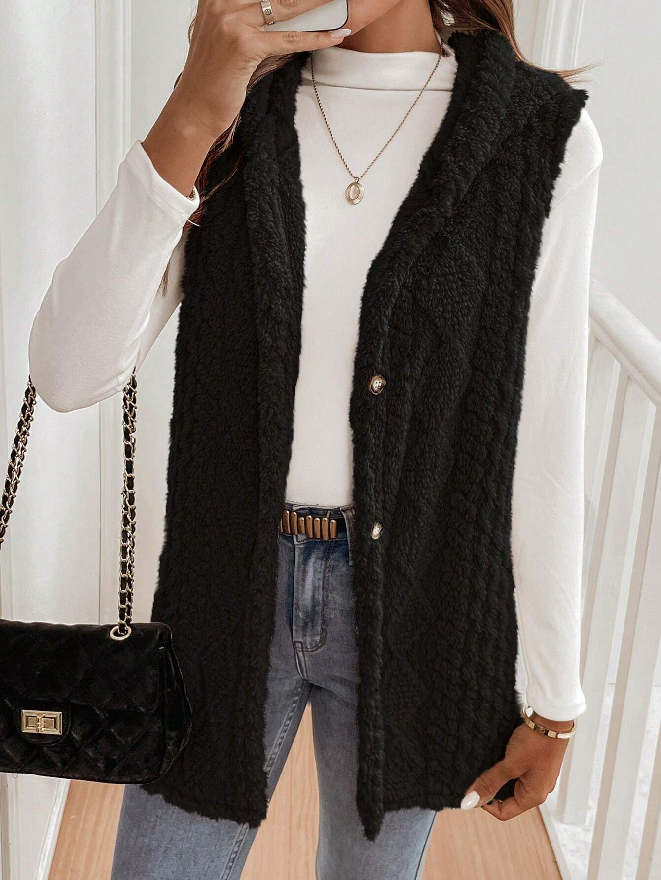 Autumn Winter Women Double Sided Plush Casual Hooded Cardigan Vest