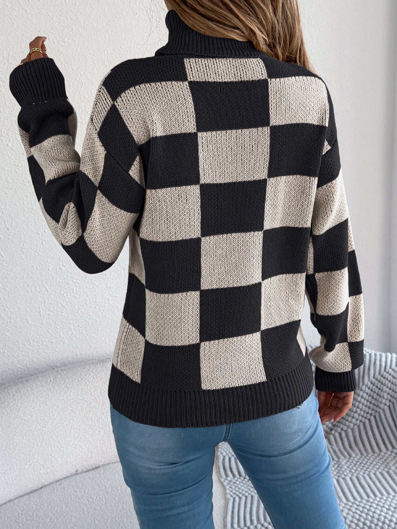 Autumn Winter Casual Turtleneck Color Contrast Check Lantern Long Sleeve Sweater Women Clothing