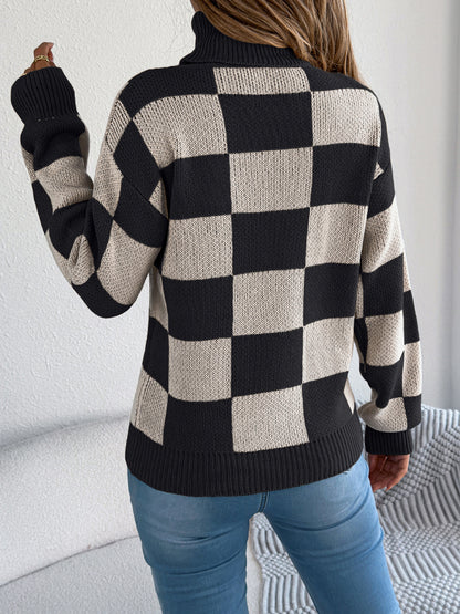 Autumn Winter Casual Turtleneck Color Contrast Check Lantern Long Sleeve Sweater Women Clothing