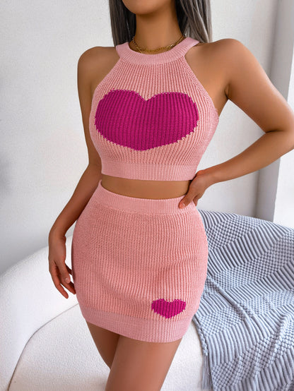 Spring Summer Casual Love Contrast Color Cropped Top Bag Hip Skirt Set Women Clothing