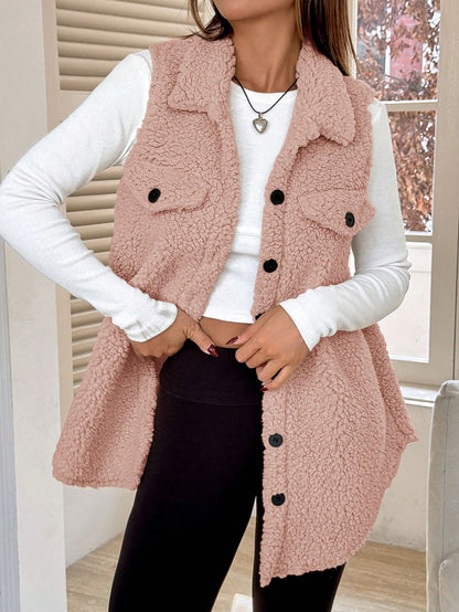 Fall Winter Lapels Open Buckle Plush Vest Cardigan Loose Office Faux Cashmere Women