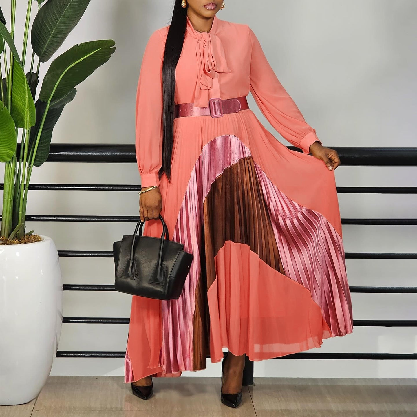 Women Clothing Tie Color Matching Pleated Dress Elegant Plus Size Dress