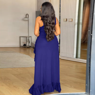 Sexy Cold Shoulder Elegant Ruffled High Waist Crop Top Spaghetti Strap European plus Size Dress