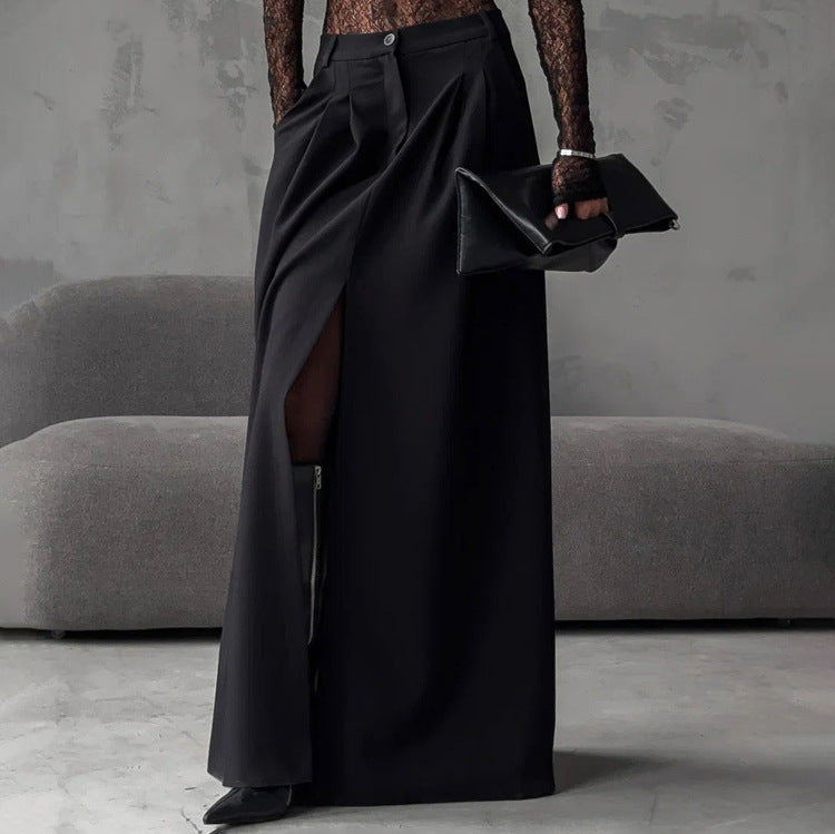 Women Clothing Elegant High Sense Slit Black Half Length Dress Fashionable All Match Pleated A line Skirt