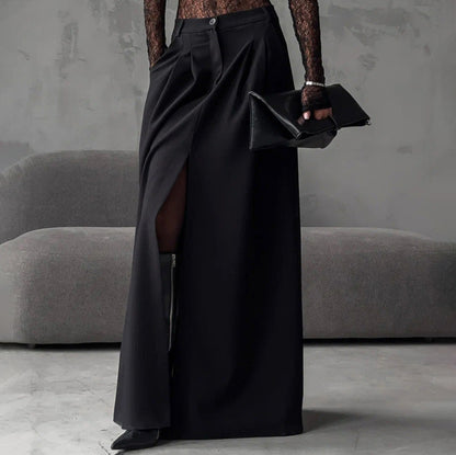 Women Clothing Elegant High Sense Slit Black Half Length Dress Fashionable All Match Pleated A line Skirt