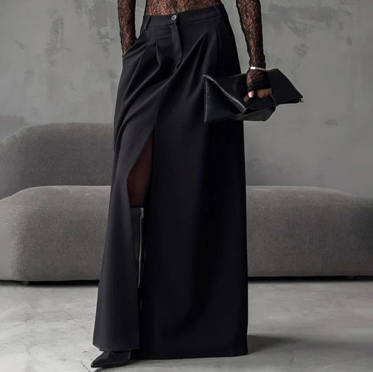 Women Clothing Elegant High Sense Slit Black Half Length Dress Fashionable All Match Pleated A line Skirt