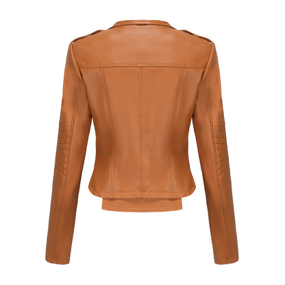Slim Fit Long Sleeved Spring Autumn Leather Jacket Women Rivet Popular Short Jacket Zipper Leather Jacket