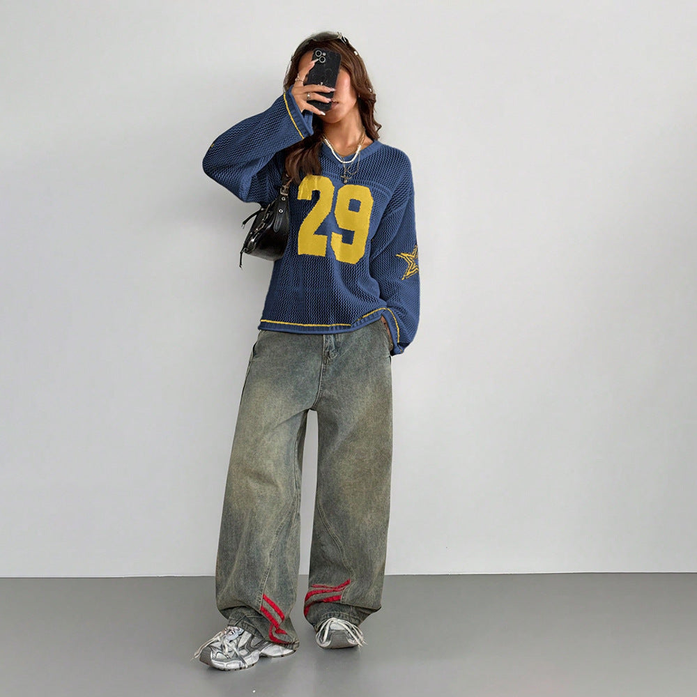 Casual Street Digital Printed V neck Long Sleeved Knitted Sweater