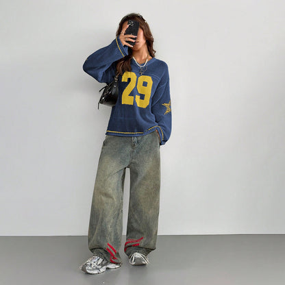 Casual Street Digital Printed V neck Long Sleeved Knitted Sweater