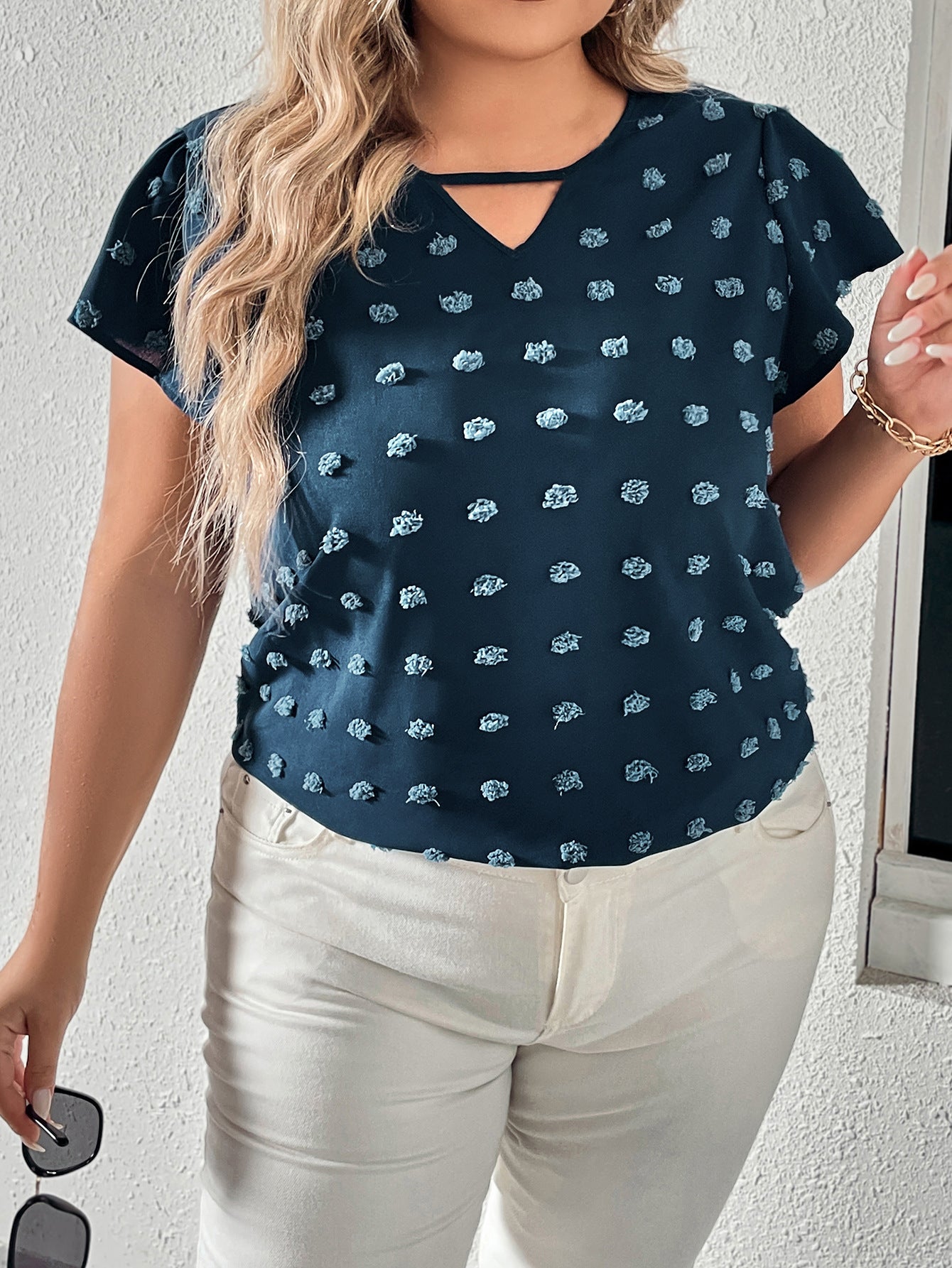 Plus Size Women Blouse Peacock Blue Half Sleeved Loose Top