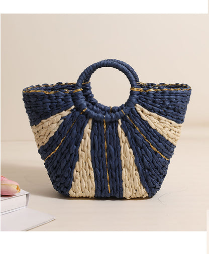 Pastoral Large Capacity Portable Straw-Weaved Bag Contrast Color Hand Carrying Straw Bag Woven Bag Vacation Beach Bag Vegetable Basket