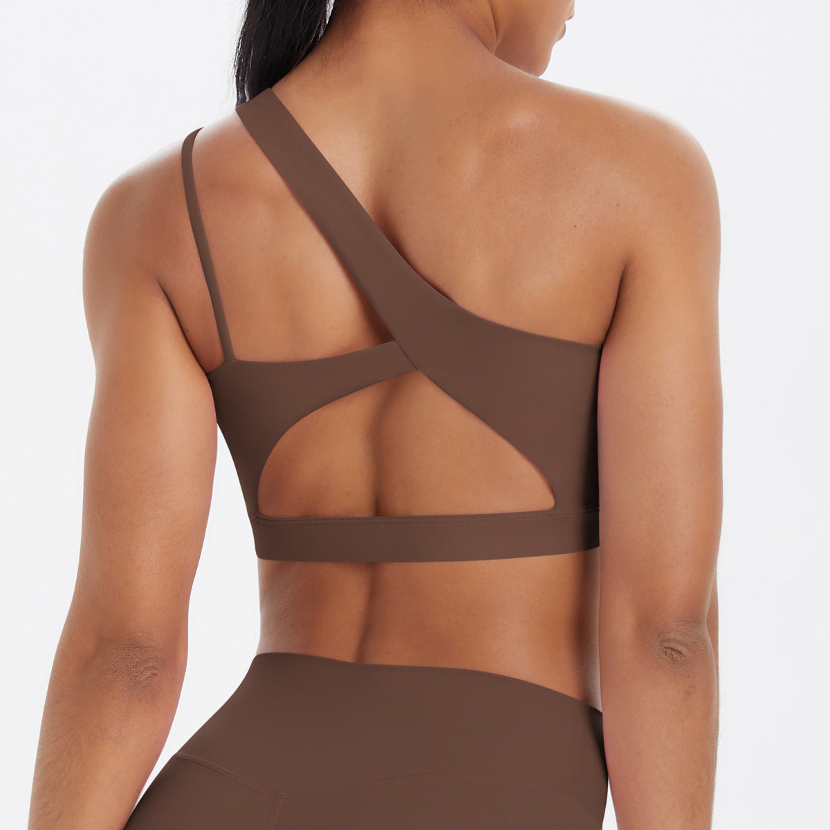 Solid Color One Shoulder Beauty Back Yoga Bra Nude Feel Push up Sports Bra Irregular Asymmetric Shoulder Strap Sports Vest for Women
