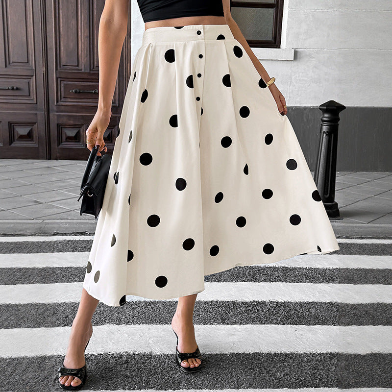 Summer Mid Length Umbrella Skirt Polka Dot Skirt Elastic Elegant Retro A line Skirt