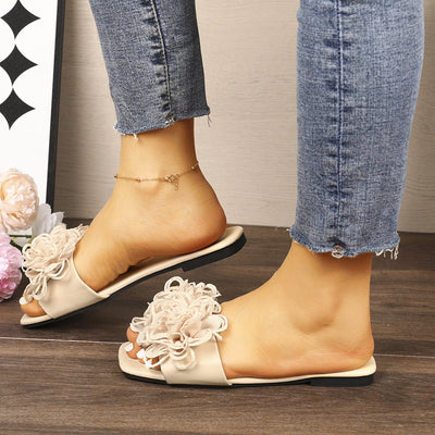 Floral Flat Square Toe Slippers for Women Outdoor Casual Lightweight Beach Slippers