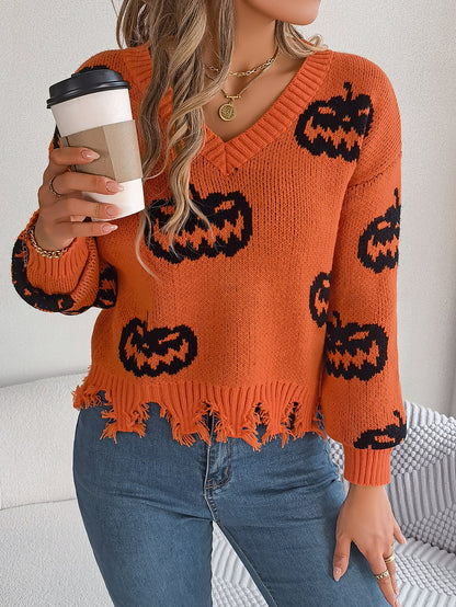 Autumn Winter Halloween Contrast Color Pumpkin Cut Rotten Long Sleeve Pullover Women Clothing